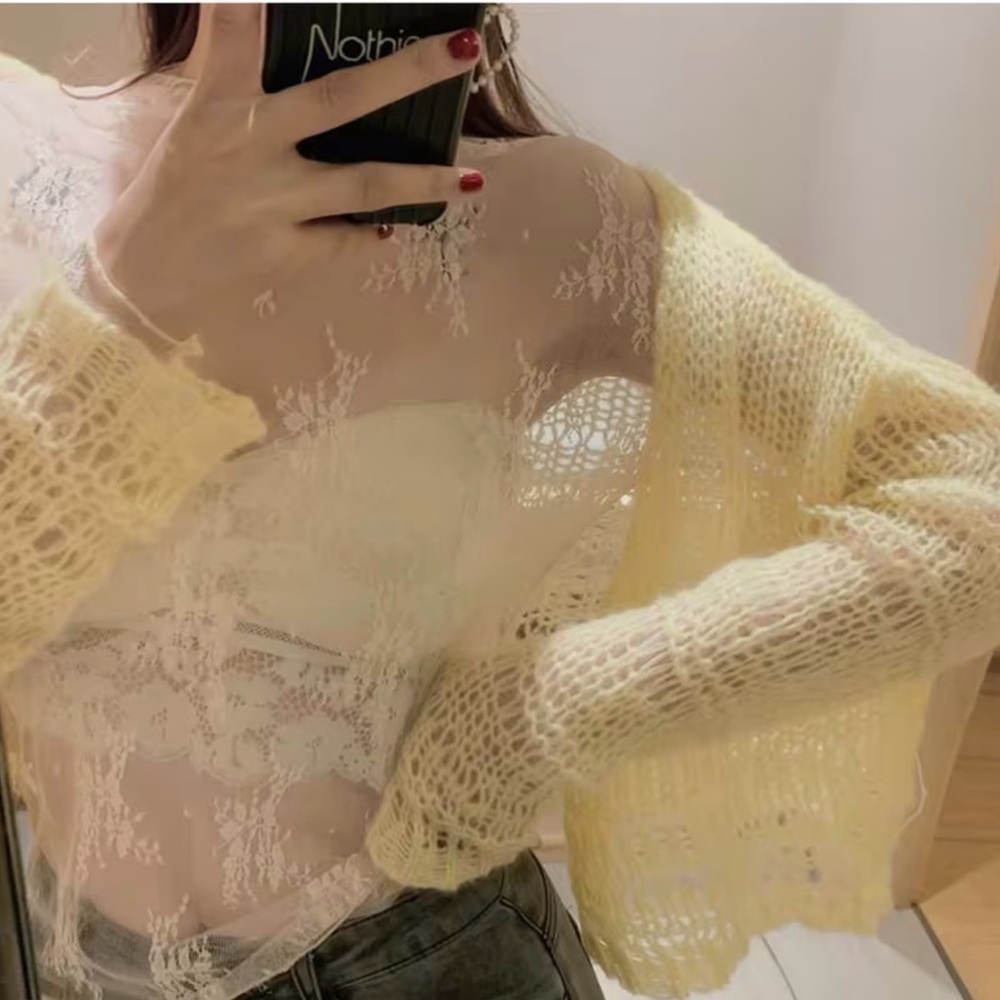 White Mesh Lace Transparent Long Sleeve Top Medium - Picture 11 of 13
